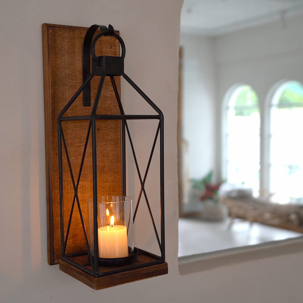 Homemory Wall Candle Sconce, Wood Rustic Candle Holder Decorative Candle Lantern with Glass Holder, Wall Decorations for Living Room, Dining Room Homemory