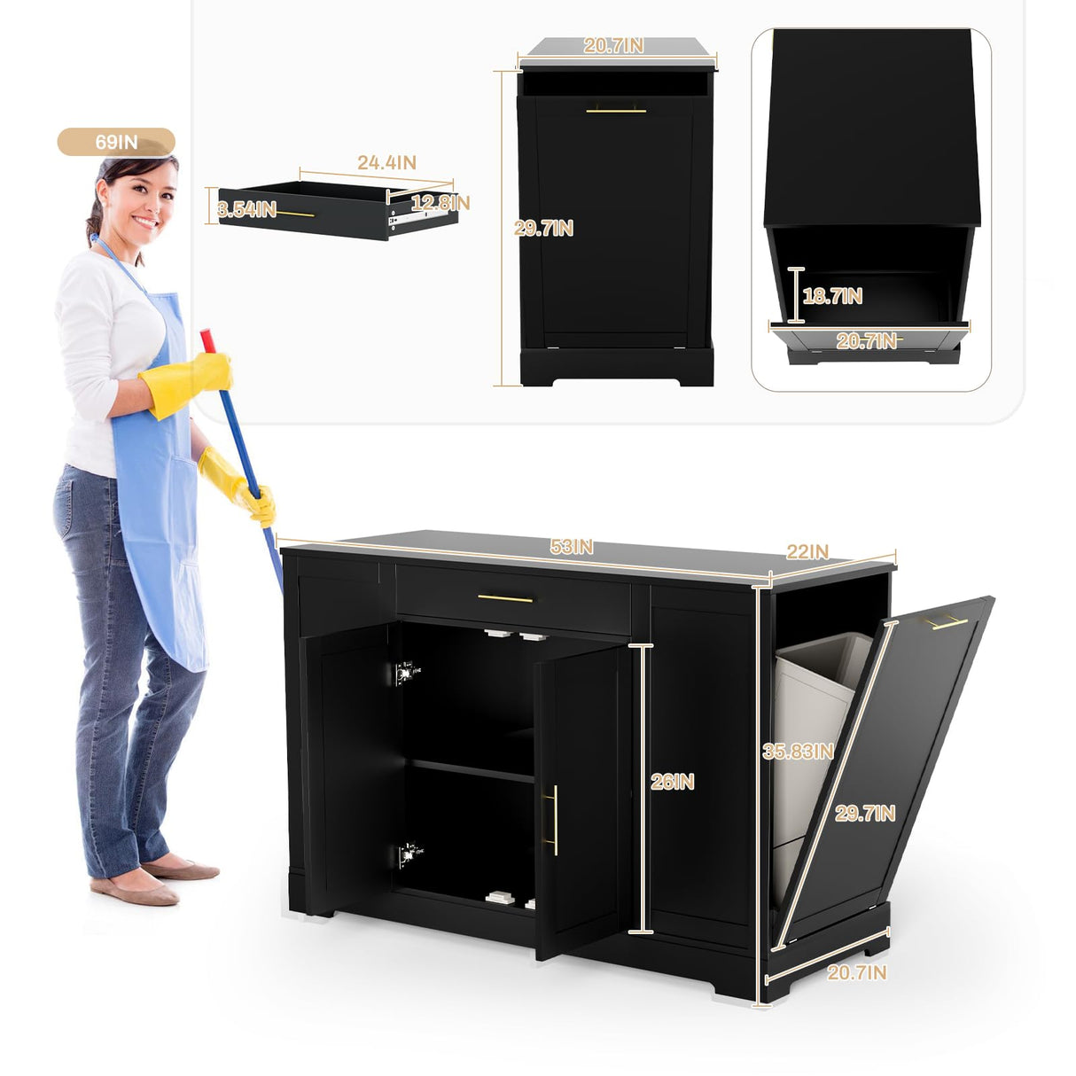 MAMIZO 53" Kitchen Island with Storage, Kitchen Cart W/Tilt Out Trash Can Holder & Solid Wood Top, Breakfast Bar W/3-Layer Side Shelf, Large Storage Cabinet W/Adjustable Shelve, Spice Rack, Drawers MAMIZO