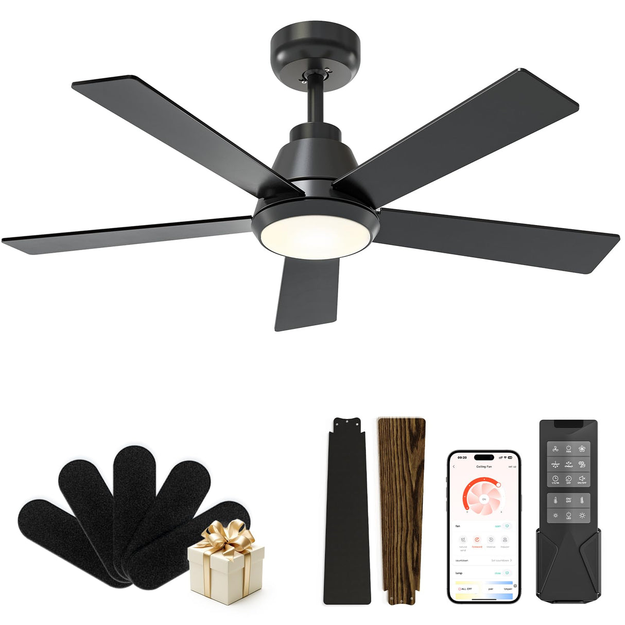 CubiCubi Ceiling Fan, 42" Black Ceiling Fans with Lights and Remote/APP Control, Quiet, 3000-6500K Dimmable, Modern Ceiling Fan with Light for Indoor Bedroom, Living Room, Kitchen CubiCubi