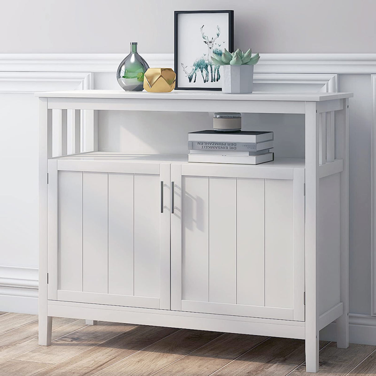 RASOO Buffet Cabinet White Kitchen Sideboard Buffet Storage Server Cupboard Cabinet Console Table with 2 Doors and Adjustable Shelf RASOO