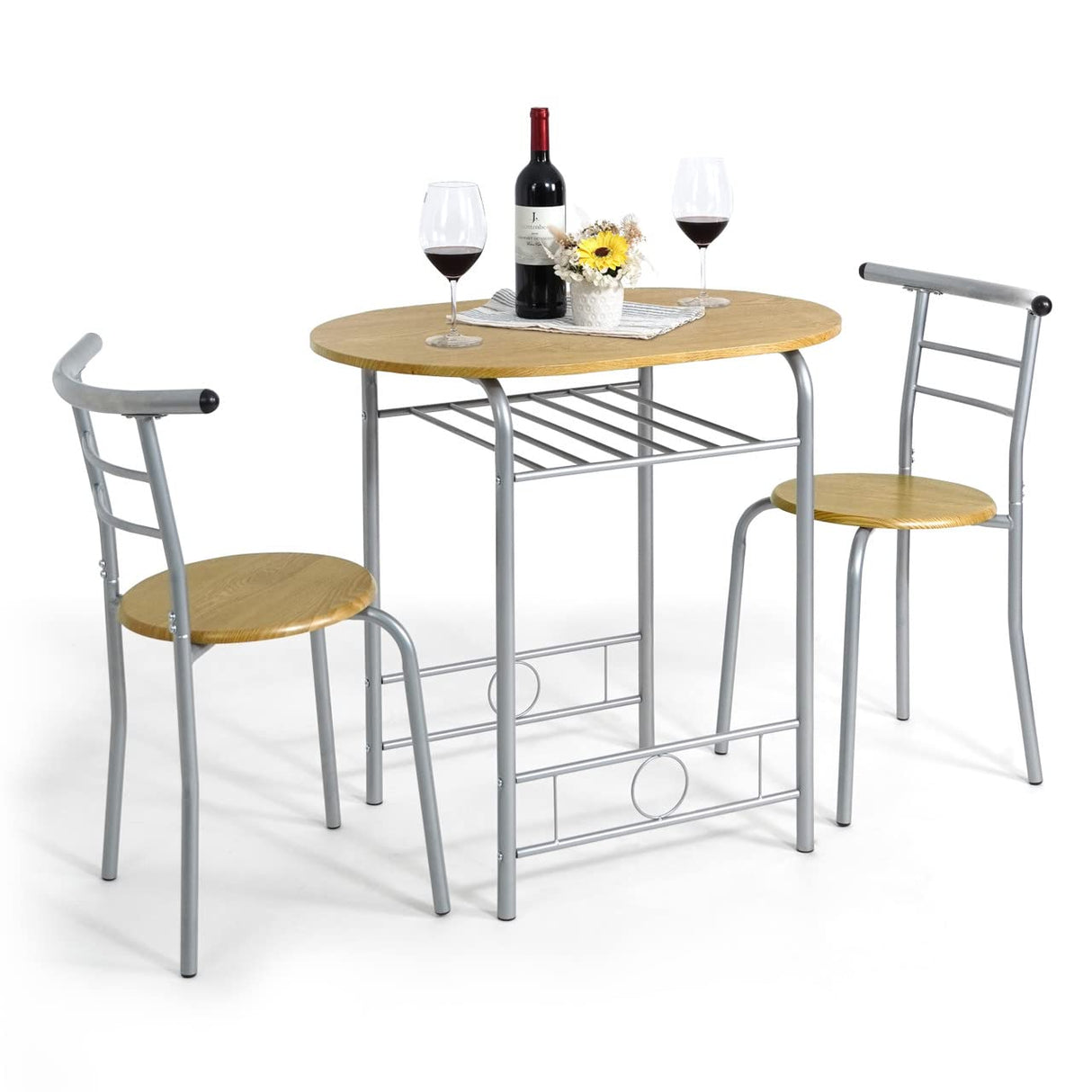 CAPHAUS 3 Pieces Dining Set for 2, Small Kitchen, Dining Room Table Set w/Steel Frame, 3 Pieces Patio Set w/Wine Rack, Small Dining Table Set for 2, Outdoor Dining Round Table Set, Natural Oak CAPHAUS