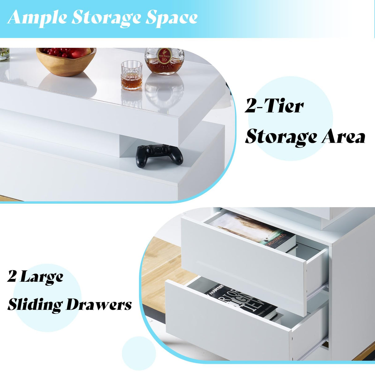 AMERLIFE High Gloss 3 Pieces Living Room Table Set, Modern LED Coffee Table Sets of 3, 2-Tier Center Table with 2 End Side Tables, LED Lights Bedside Table Nightstands with Charging Station, White AMERLIFE