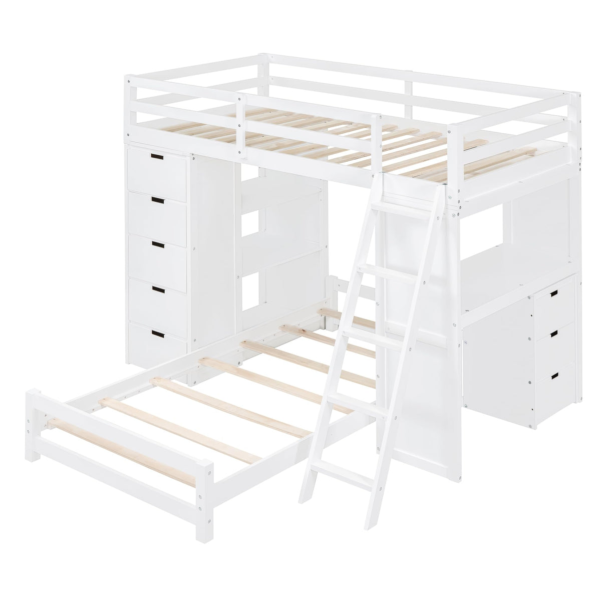 CITYLIGHT Twin Over Twin Bunk Beds with Storage,Desk,USB Ports and LED Light,Wood Twin Loft Bed with Movable Lower Bed,L Shaped Bunk Bed for Kids,Teens,Adults,No Box Spring Needed (White) CITYLIGHT