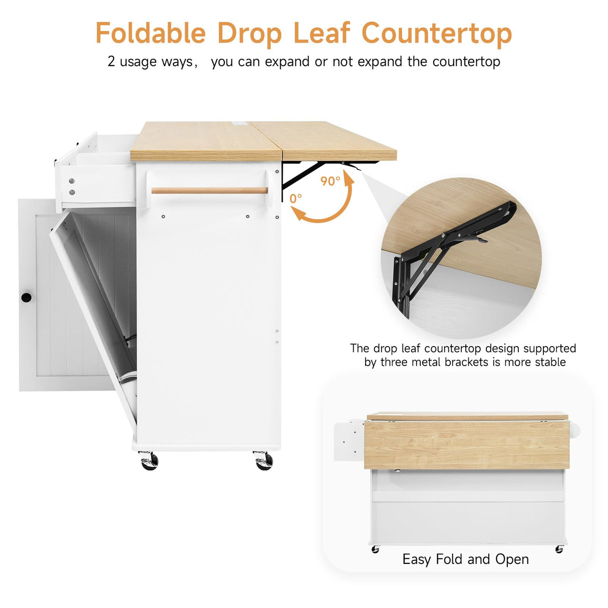 60" Kitchen Island with Power Outlet & Drop Leaf, Kitchen Rolling Island with Spice Rack & Towel Rack, Knife Holder, Kitchen Island Cart with Trash Storage Cabinet, Mobile Island Table for Kitchen ONBRILL