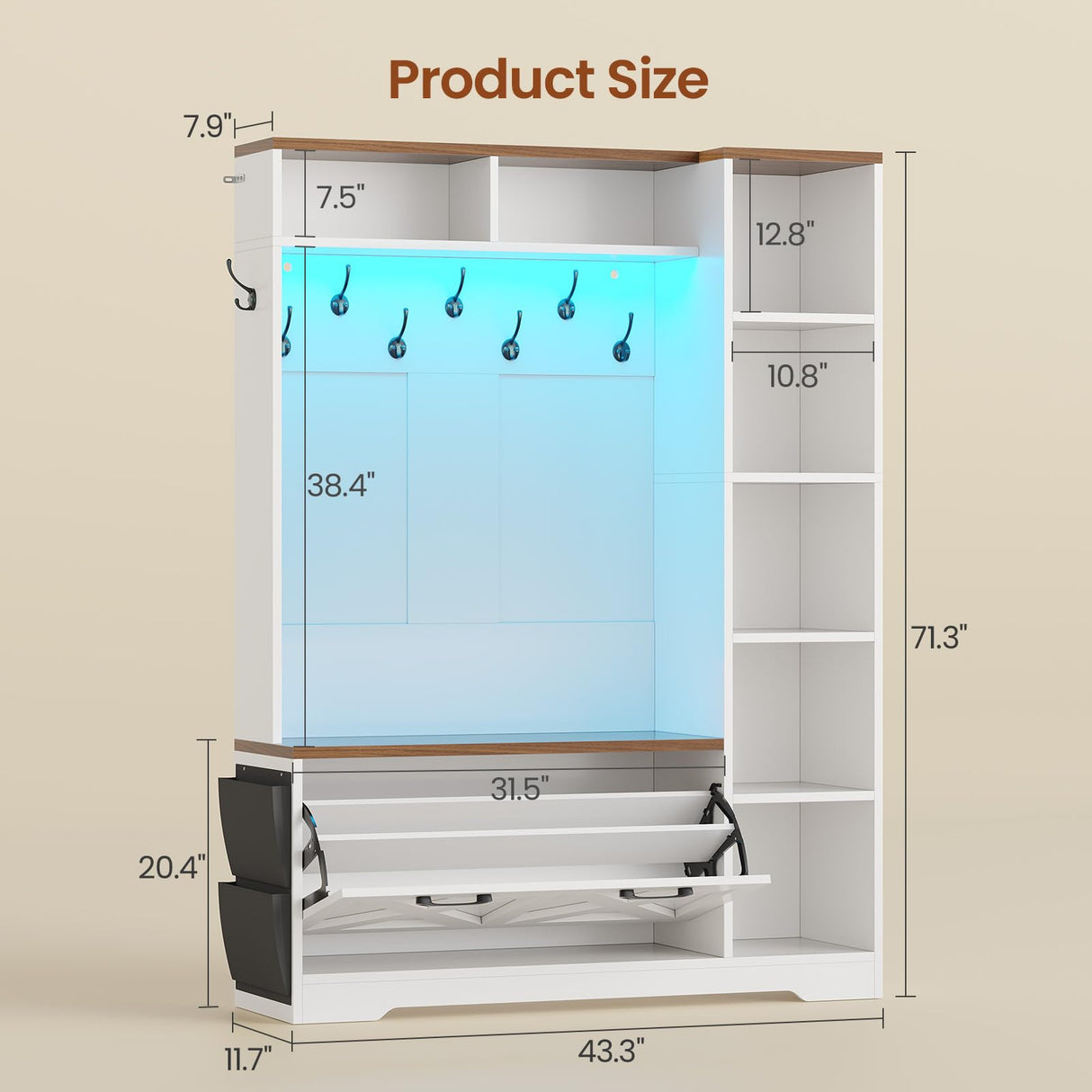 Itaar Hall Tree with Bench and Shoe Storage, Farmhouse Entryway Bench with Coat Rack, Shoe Cabinet with Flip Drawers, 7 Shelves, 10 Coat Hooks, Storage Bag, Led Lights, White Itaar