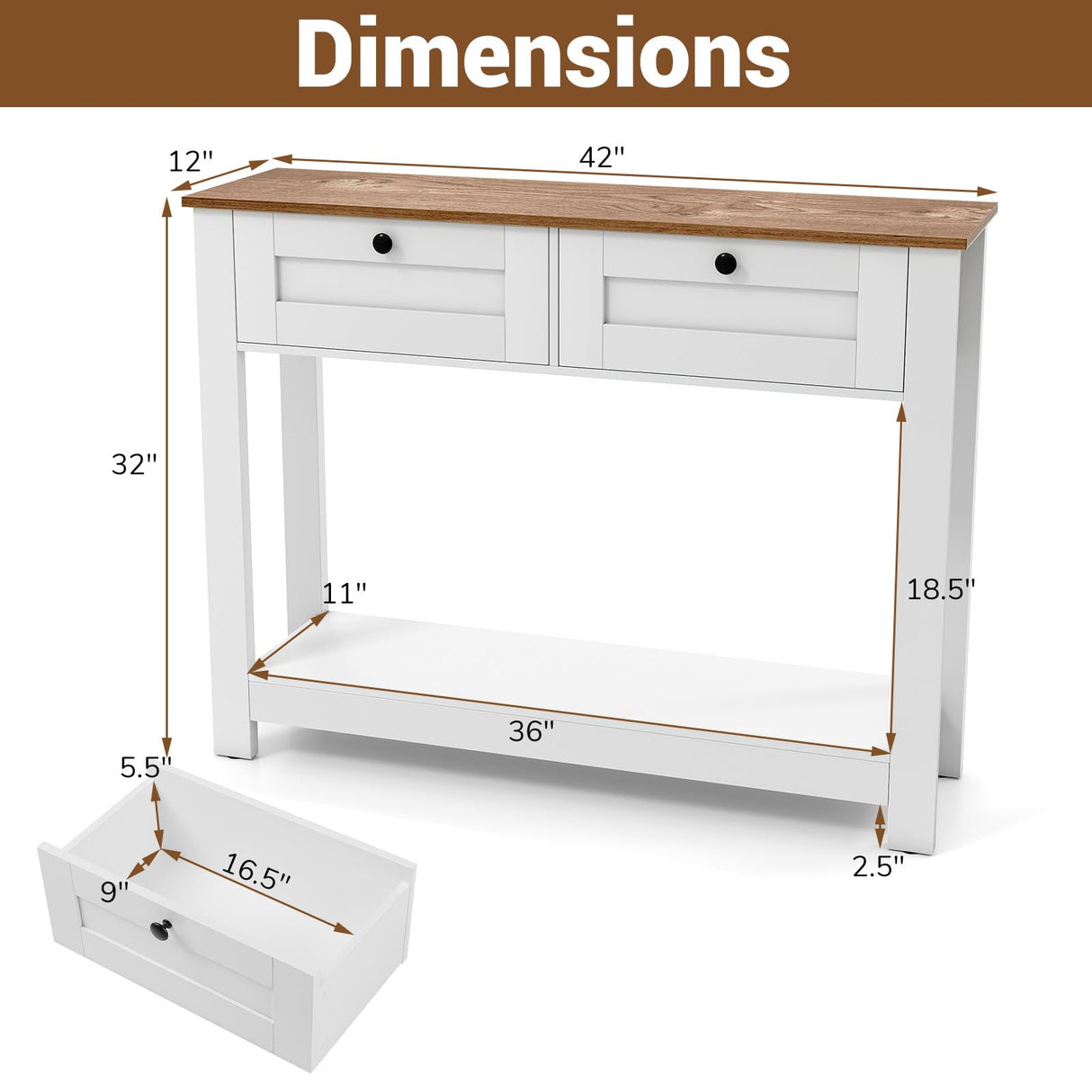 Giantex 42" Farmhouse Console Table with 2 Drawers, Modern Wood Entryway Table, Narrow Long Sofa Tables with Open Storage Shelf for Living Room, Hallway, Entrance, Foyer, Rustic Vintage, White & Brown Giantex