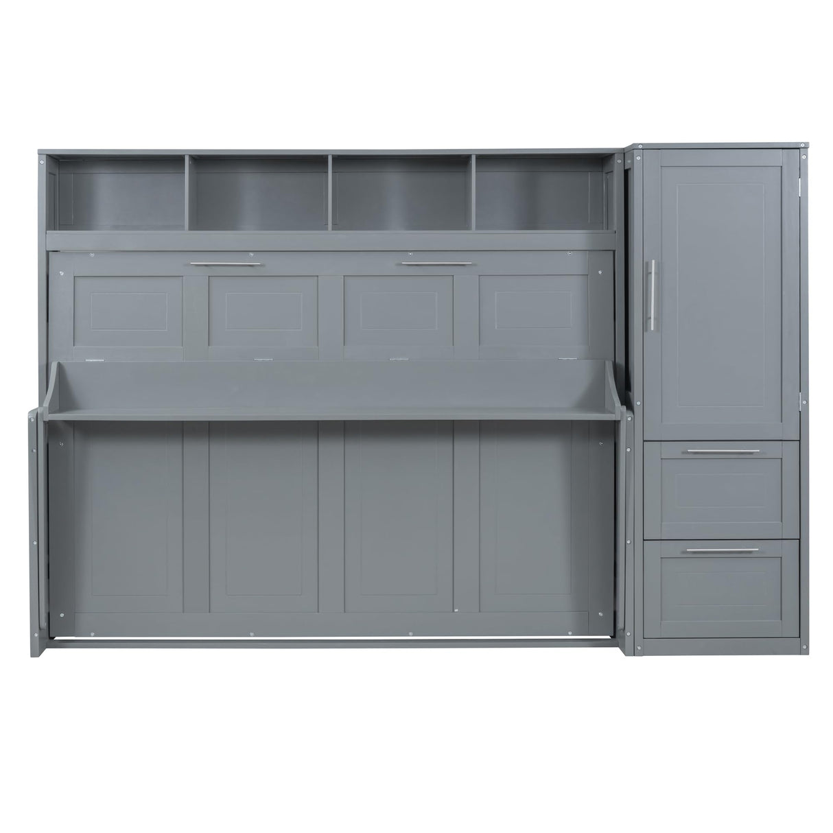 SOFTSEA Queen Size Horizontal Murphy Bed, Queen Murphy Bed with Desk Wardrobe Storage Shelf, Queen Hideaway Wall Bed with Drawers Space-Saving for Guest Room Bedroom or Office, Gray SOFTSEA