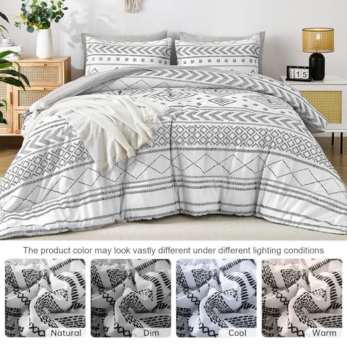 Yiran White Comforter Set Queen Size, 7 Piece Boho Aztec Bedding Set, Bohemian Bed in a Bag Queen, Soft Microfiber Striped Complete Bedding Set with Sheets for All Season Yiran