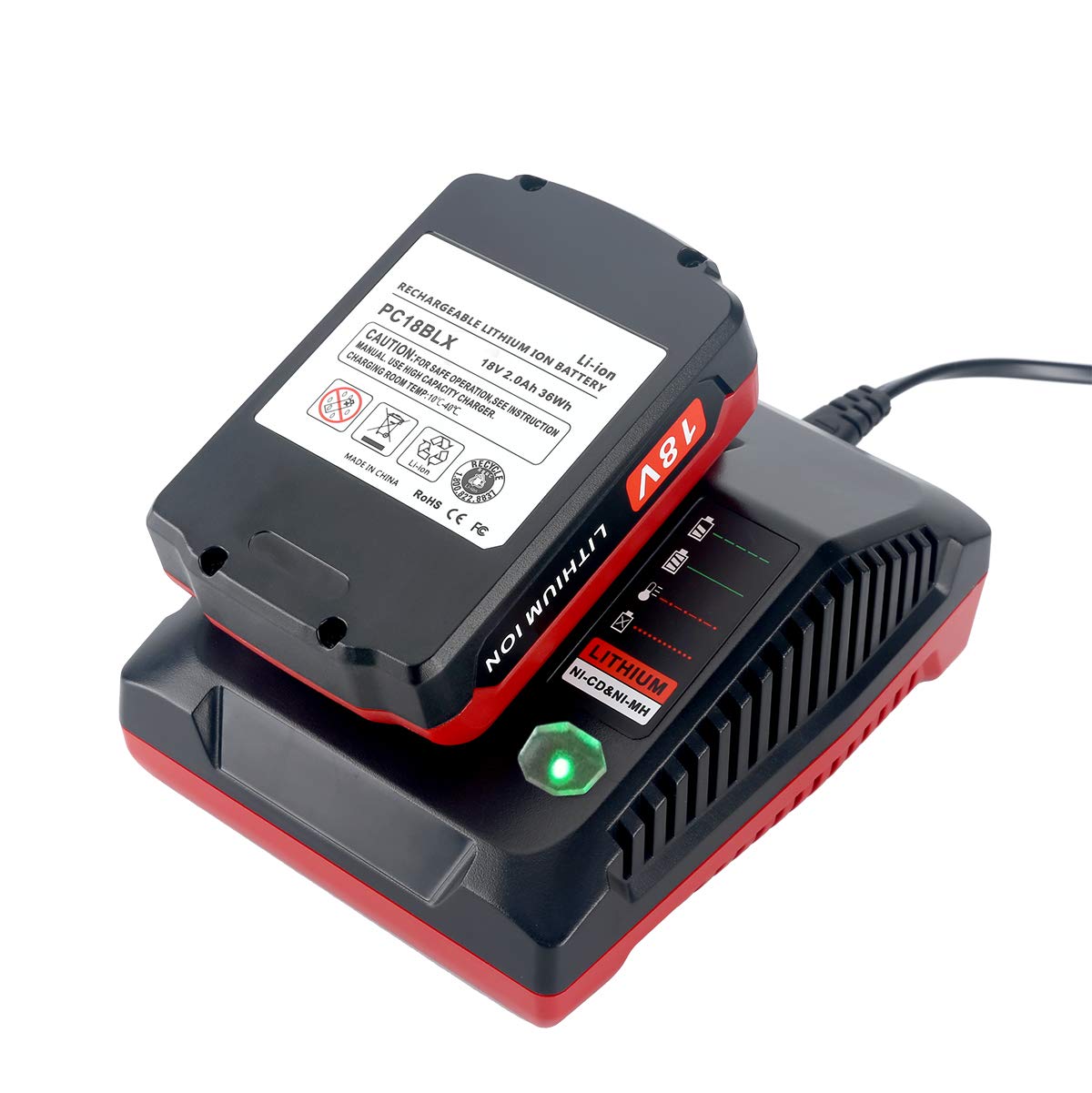 Qbmel 18-Volt Multi-Chemistry Battery Charger for Porter Cable PCXMVC Lithium Ion & NiCad NiMh Slide PC18B PC18B-2 PC18BL PC18BLX PCC489N Cordless Power Tool Battery Qbmel