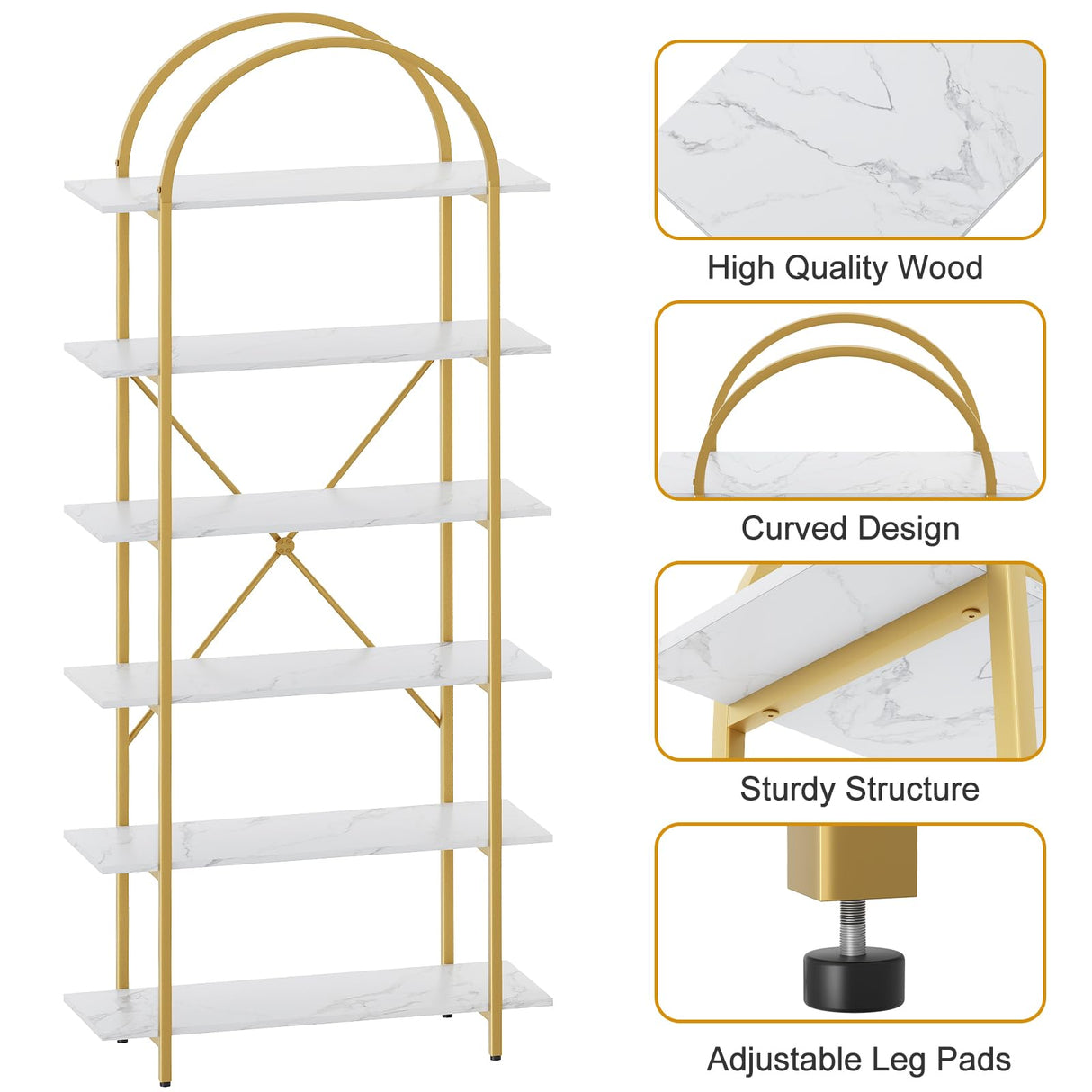 Arbuxzuy 6 Tier Bookshelf, 83" Tall Arched Bookcase, Tall Book Shelf with Metal Frame, Modern Display Standing Shelf for Living Room, Home Office, Bedroom, Gold