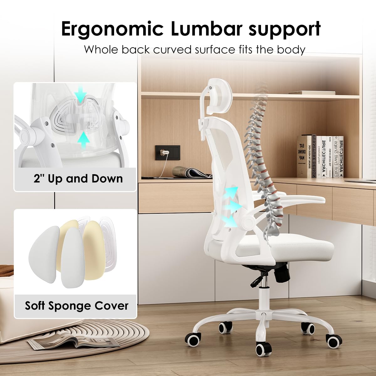 Farini Ergonomic Office Chair, Home Office Desk Chair with Headrest, High Back Computer Chair with Flip-up Armrests and Adjustable Lumbar Support for Home Office Study Room (with Headrest, All-White) Farini