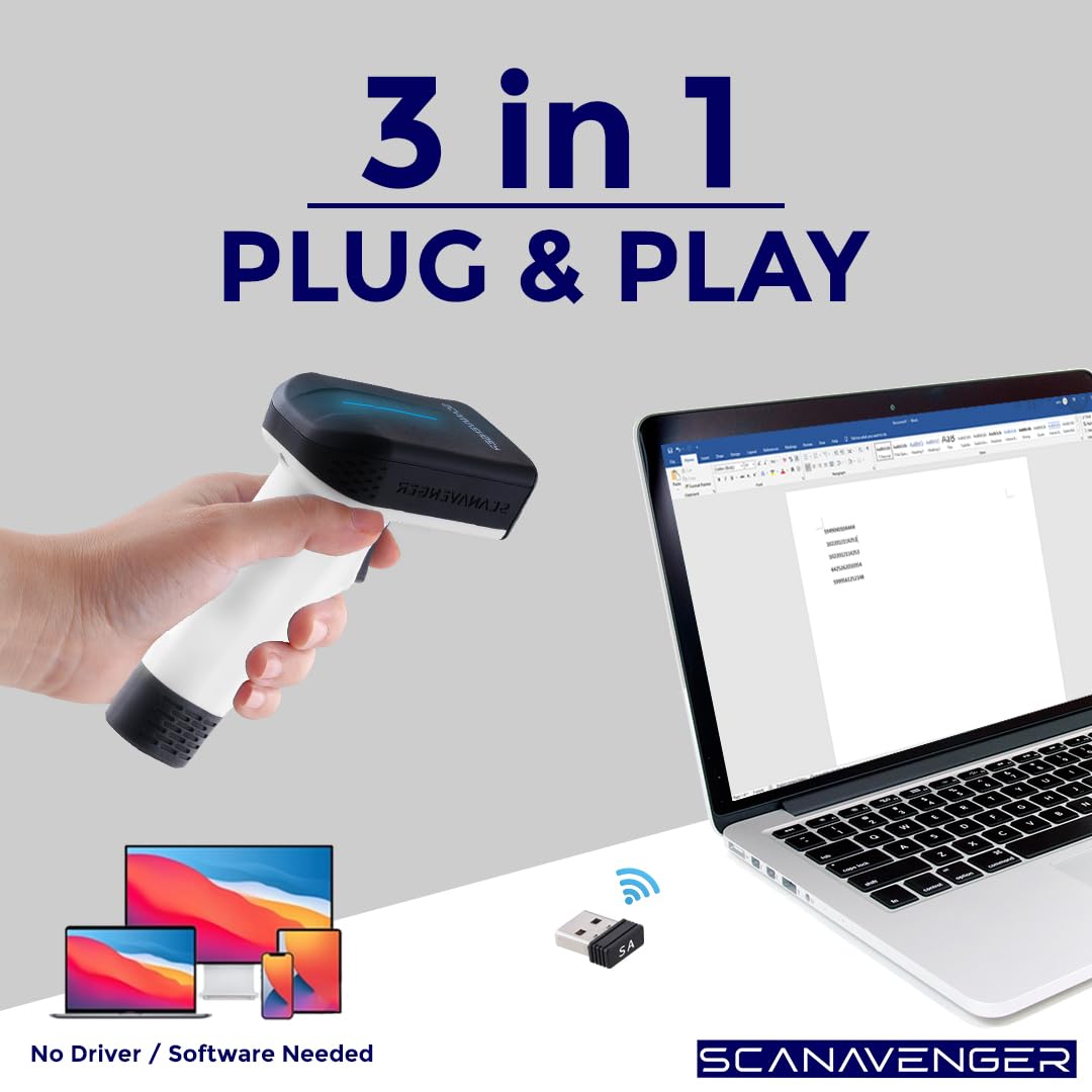ScanAvenger Wireless Portable 1D&2D with Stand Bluetooth Barcode Scanner: Hand Scanner 3-in-1, Cordless, Rechargeable Scan Gun for Inventory - USB Bar Code/QR Reader (1D&2D Upgraded Next Gen Stand) ScanAvenger