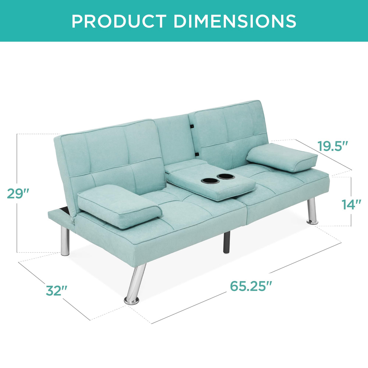Best Choice Products Linen Modern Folding Futon, Reclining Sofa Bed for Apartment, Dorm w/Removable Armrests, 2 Cupholders - Aqua Best Choice Products