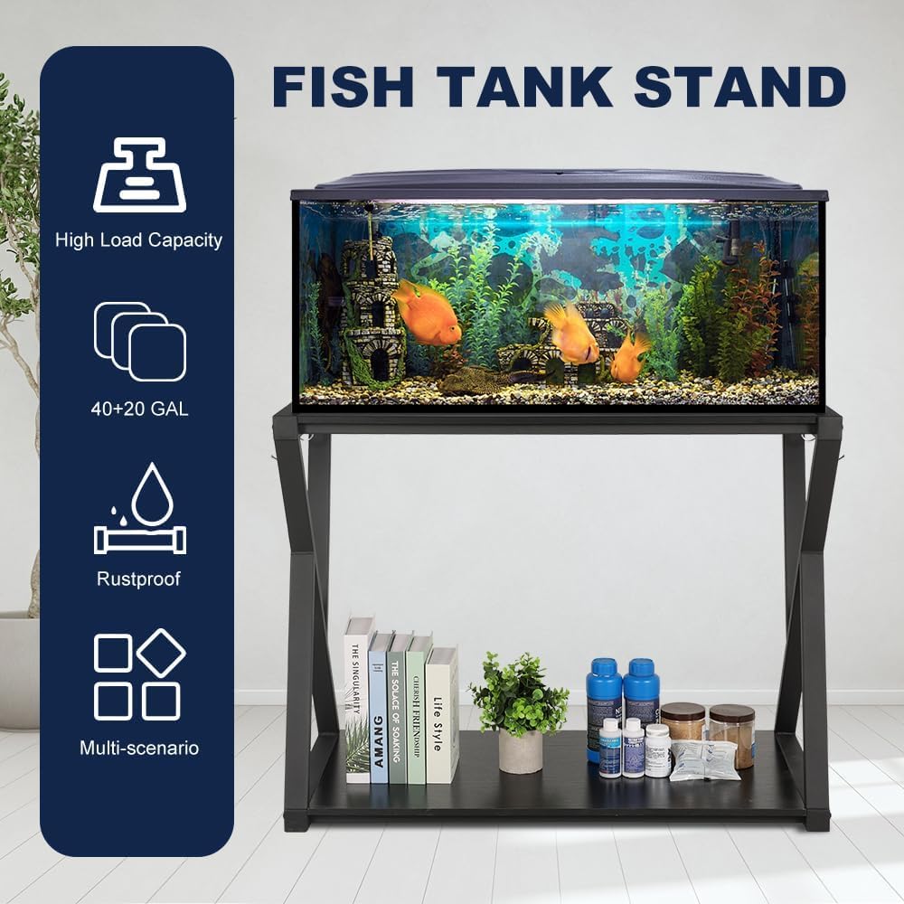 SMONTER Fish Tank Stand 40 Gallon Aquarium Stand, Metal Heavy Duty 20 Gallon Turtle Tank Shelf, Reptile Tank Stand with Hooks, L36.6*W18.5*H28, Black Oak Grain (Stand Only) SMONTER