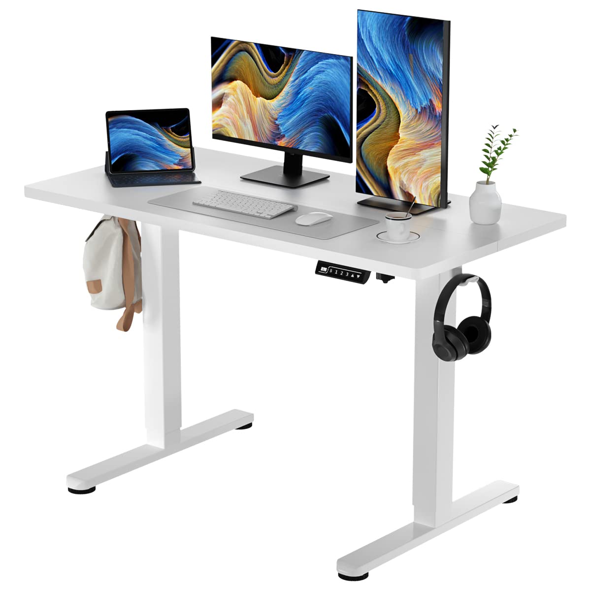 JYLH JOYSEEKER White Standing Desk, 48 X 24 Inch Adjustable Height Electric Desk, Sit Stand Desk with Splice Board and 2 Hooks, Ergonomic Rising Desk for Home Office JYLH JOYSEEKER