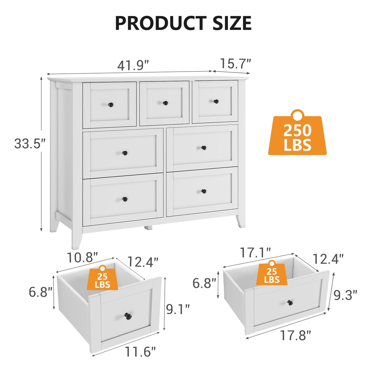 GarveeHome White 7 Chest of Drawer Dresser, Modern Storage Cabinet, Wood Organizer TV Stand for 48 inch TV, Bedroom, Living Room, Entryway GarveeHome