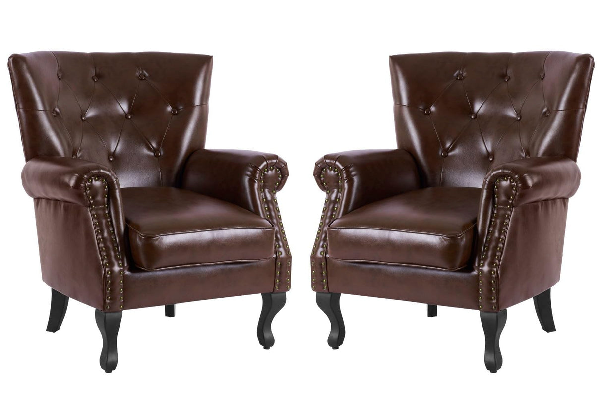 MOJAY PU Leather Accent Chair Set of 2, Mid-Century Modern Armchair Living Room Club Chair with Tufted Button & Rivet Trim, Upholstered Sofa Chair with Sturdy Wood Legs for Bedroom (Reddish Brown) MOJAY