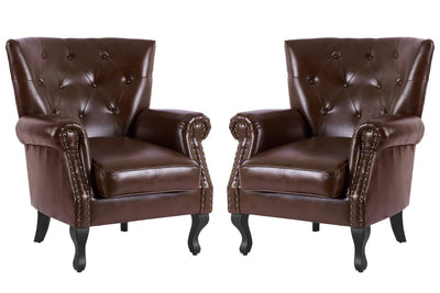 MOJAY PU Leather Accent Chair Set of 2, Mid-Century Modern Armchair Living Room Club Chair with Tufted Button & Rivet Trim, Upholstered Sofa Chair with Sturdy Wood Legs for Bedroom (Reddish Brown)