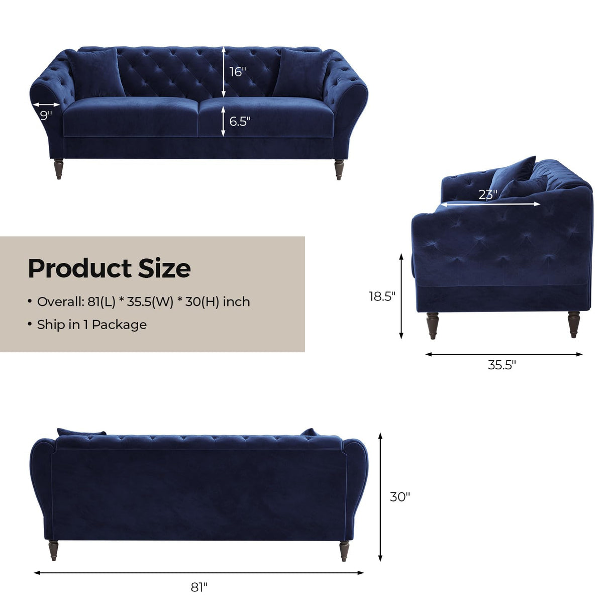 Fadware 81” Luxury Chesterfield Sofa, Velvet Loveseat with 2 Pillows& Retro Wooden Leg, Mid Century Modern 2-Seater Couch with Tufted Armrest& Back, Comfy Home Sofa for Living Room Bedroom Fadware