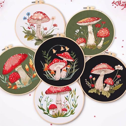 artcici Embroidery Kits Plant Mushroom Patterns for Beginners Adults, Full Range Embroidery Starter Kits Cross Stitch Needlework Supplies (Green)