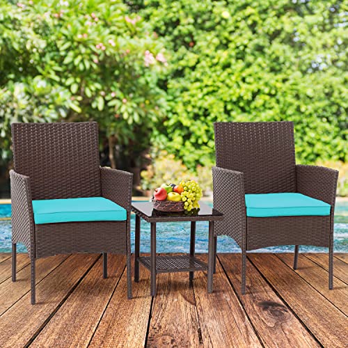 FDW 3 Piece Outdoor Furniture Set Patio Brown Wicker Chairs Furniture Bistro Conversation Set 2 Rattan Chairs with Blue Cushions and Glass Coffee Table for Porch Lawn Garden Balcony Backyard FDW