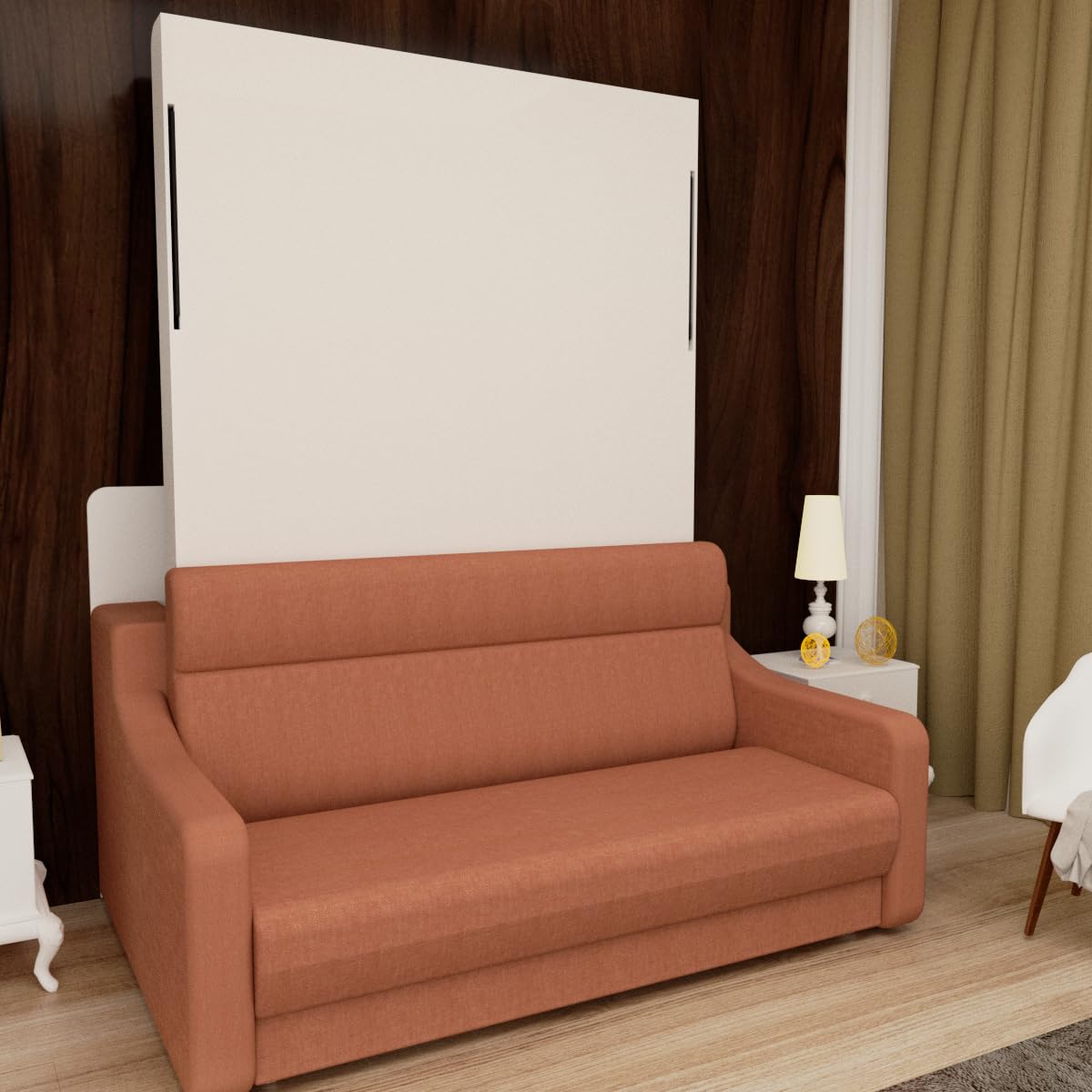 FAVSH Full Size Murphy Bed Cabinet with Loveseat Sofa, White Hidden Beds,Wall Bedframe w/Orange Couch for Bedroom,Space-Saving, Noise Free FAVSH