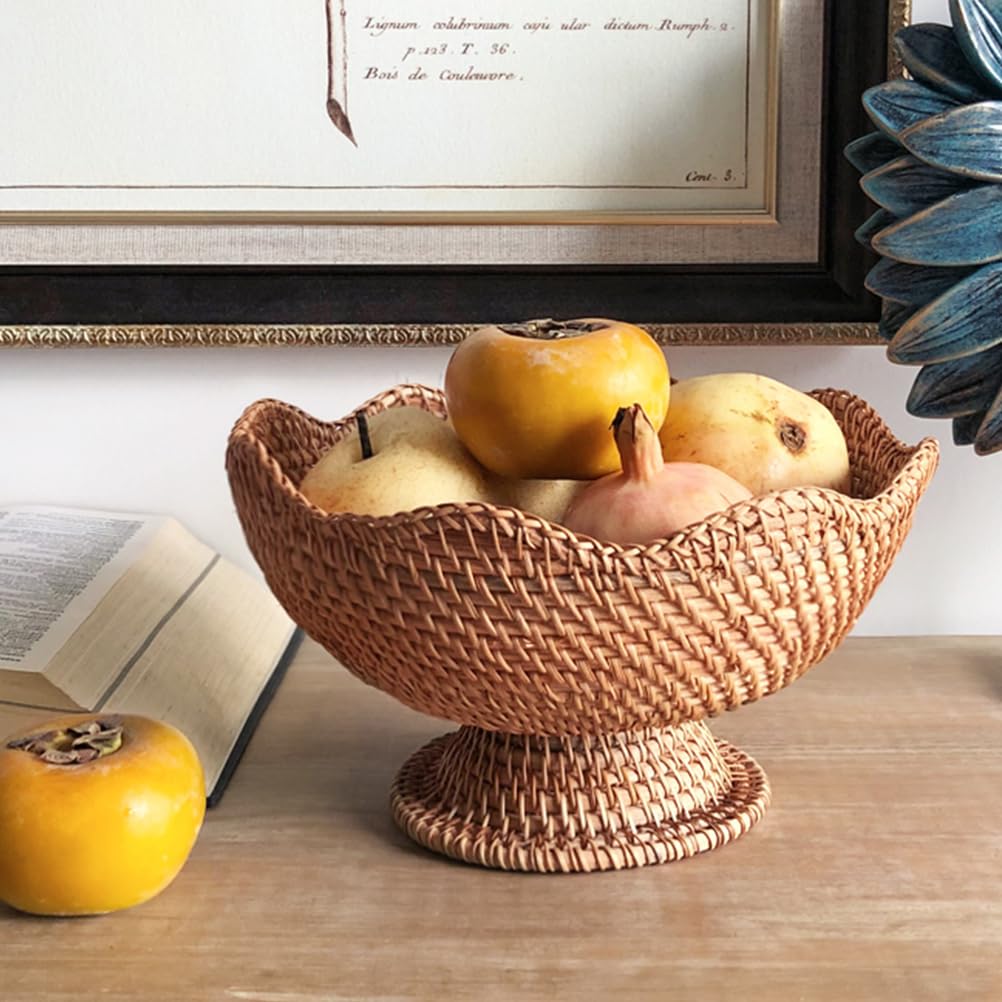 PRETYZOOM Rattan Fruit Bowl, 10 inch Natural Wicker Basket Fruit Plate Bread Display Stand with Base, Kitchen Counter Wicker Storage Basket Storage Serving Baskets PRETYZOOM