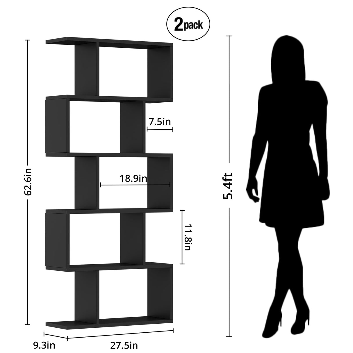 DIYART Black 5-Tier Geometric Bookcase, S-Shaped Modern Bookshelf Set of 2, 62.6" Tall Room Divider Book Shelf, Decorative Display Shelf DIYART