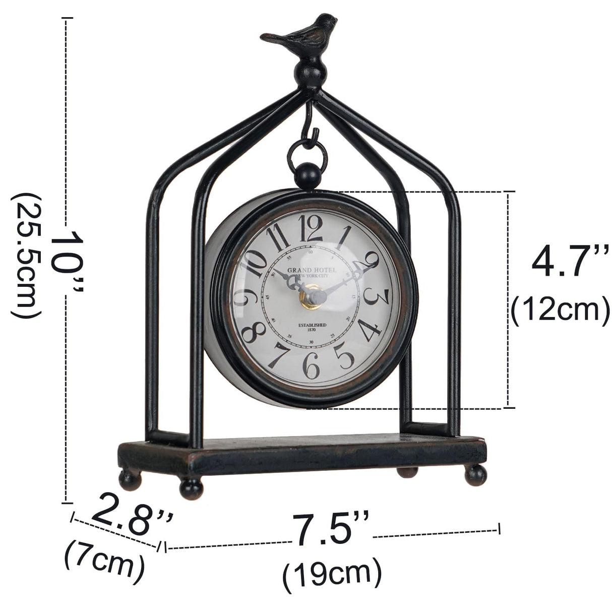 SOFFEE DESIGN 7.5'' x 10'' Mantel Clock Iron Tower Frame, Creative Bird Ornament Tabletop Clock, Silent Clock with Hollow Carved Back Cover for Home Decor, Black SOFFEE DESIGN