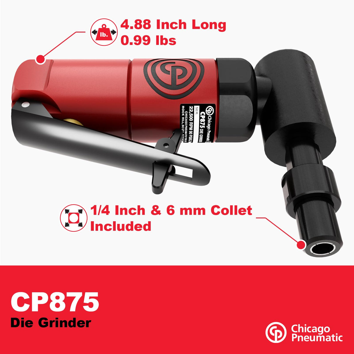 Chicago Pneumatic CP875 Kit - Air Die Grinder Tool, Welder, Woodworking, Automotive Car Detailing, Stainless Steel Polisher, Heavy Duty, Right Angle Grinder, 1/4 Inch (6 mm), 0.3 HP/ 220W - 22500 RPM Chicago Pneumatic