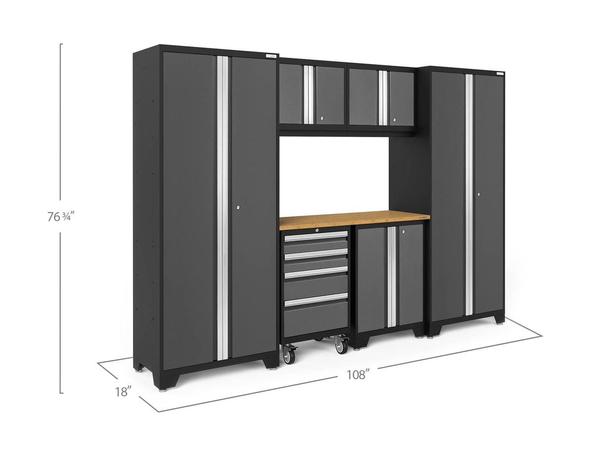 NewAge Products Garage Storage Cabinets Bold Series 7 Piece Sets Includes Worktop, Slatwall Backsplash, LED Lights, Multi-Use lockers, Wall, Base and Rolling Tool Cabinets, Gray, 50418 NewAge Products Inc.
