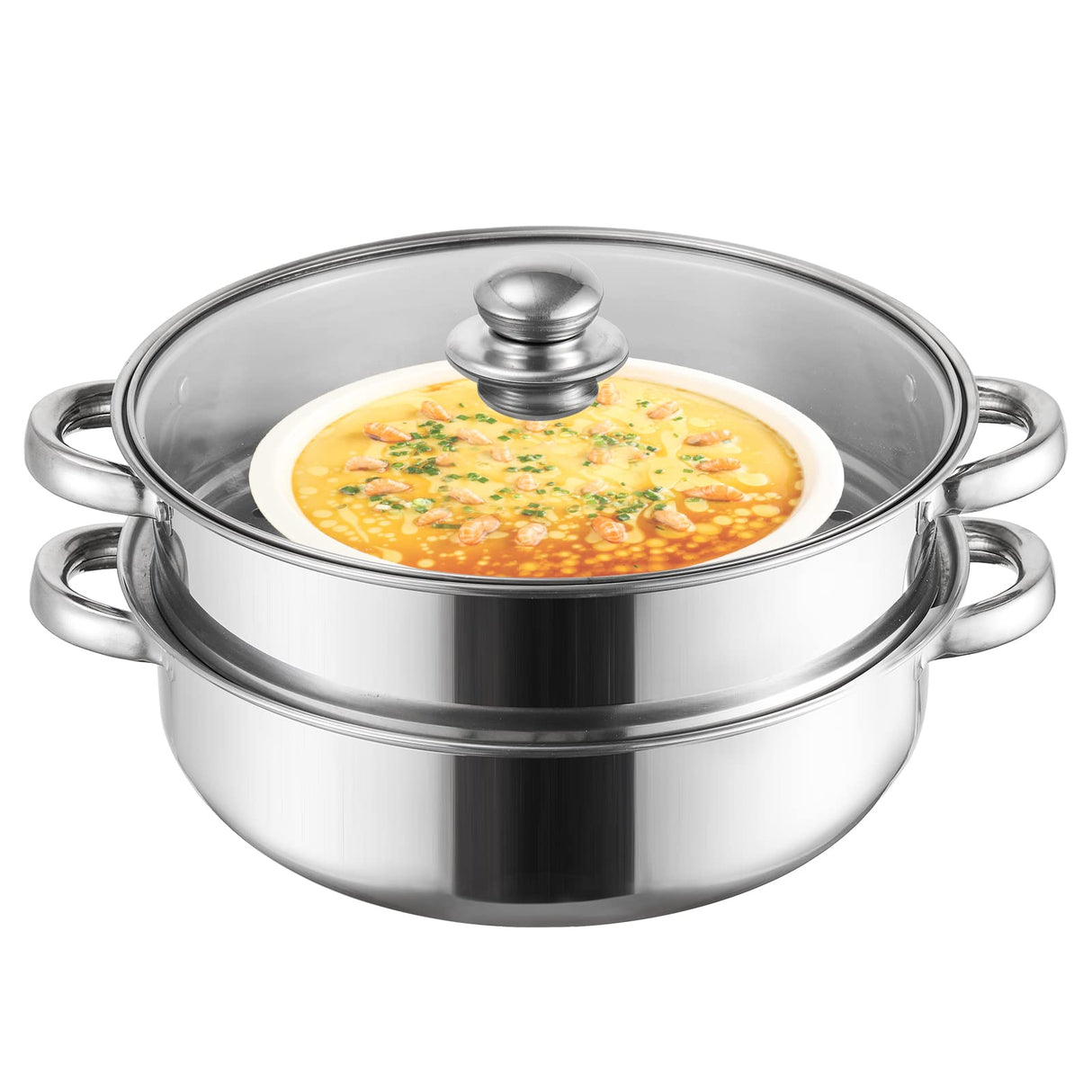 ZENFUN Steamer for Cooking, Steamer Pot with Steamer Insert, 2 Tier Stack and Steam Pot Set with Glass Lid, Stainless Steel Steamer Pot Double Handle, 11 Inch(Thickened) ZENFUN