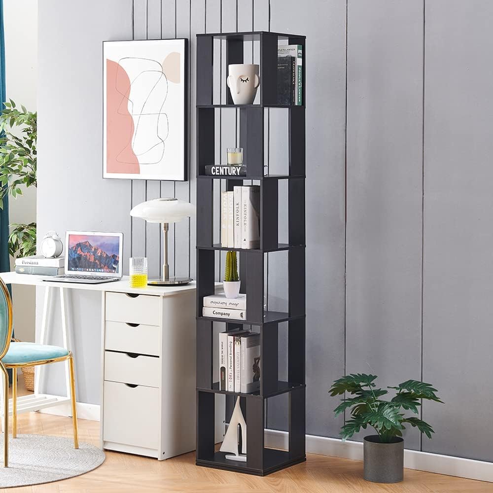 360° Rotating 6-Tier Corner Bookshelf by RVEE - Stylish Black Wooden Bookcase for Home Office and Living Room RVEE