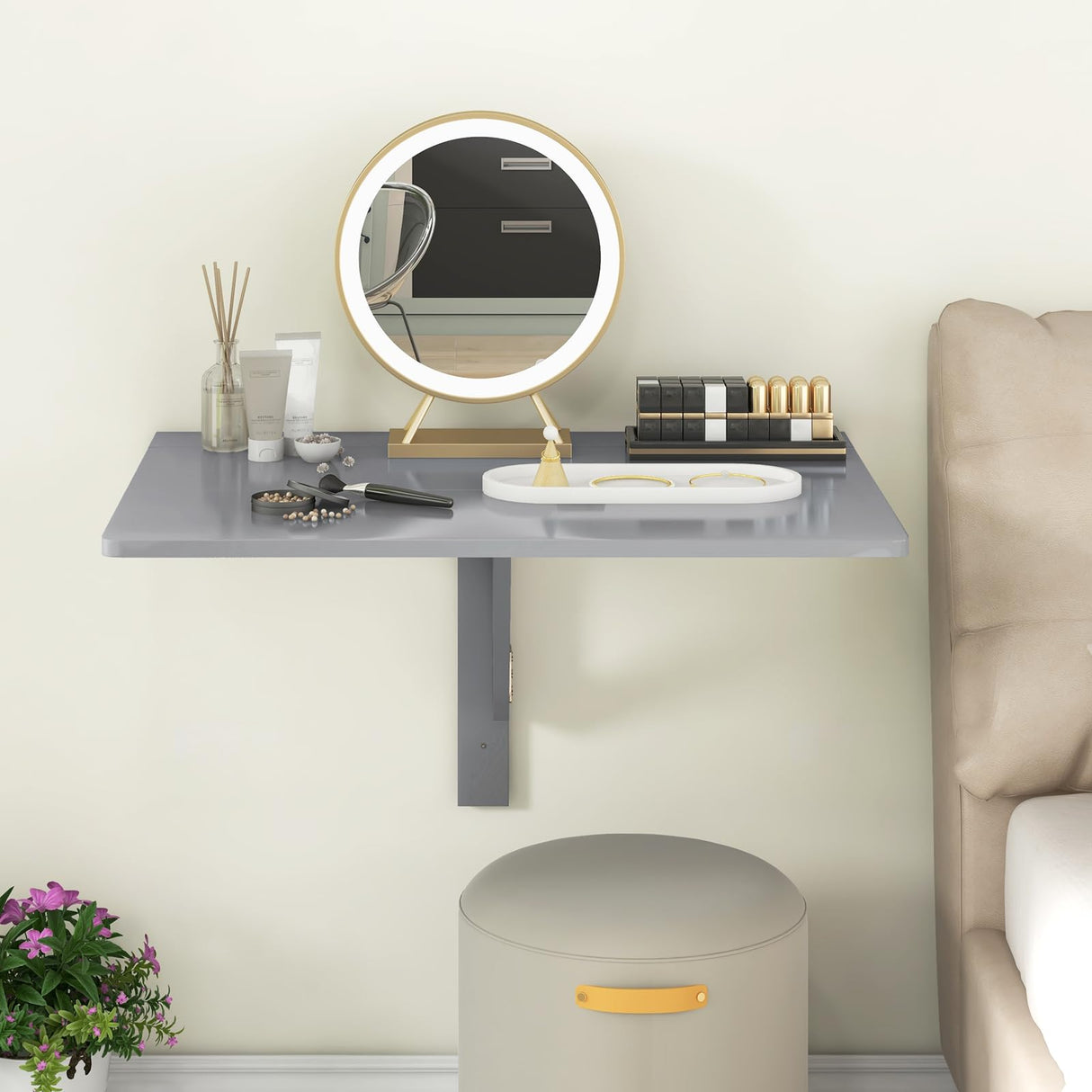 IFANNY Wall Mounted Folding Desk, Fold Down Desk Drop Leaf Table, Laundry Folding Table, Wood Floating Desk for Wall, Foldable Computer Desk Wall Mount, Wall Desks for Small Spaces (Gray) IFANNY