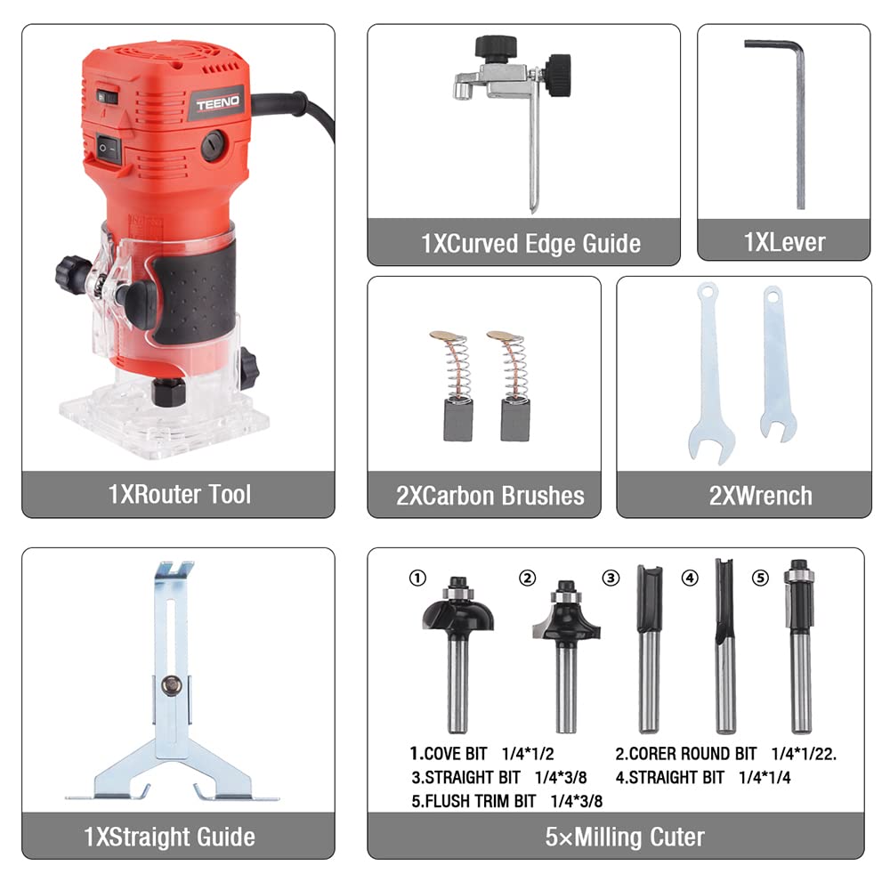 TEENO Wood Router, 650W 110V Compact Router Tools for Woodworking, 32000 RPM Hand Trim Router with 1/4" Router Bits Set, 6 Variable Speeds, Edge Guide, Roller Guide TEENO