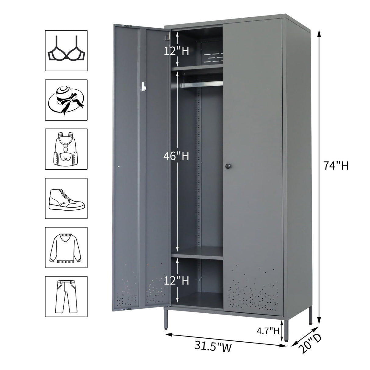 YEEZER Metal Armoire Wardrobe Closet Cabinet for Hanging Clothes with Lock Doors, -74" Steel Lockable Wardrobe Storage Locker Clothes Organizer for Bedroom, Laundry Room (Dark Gray) YEEZER
