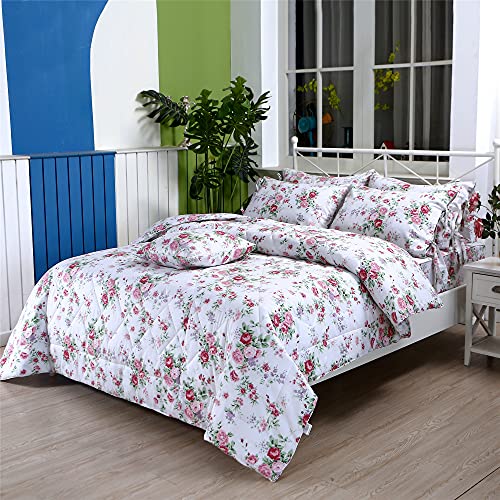 FADFAY Rose Floral Comforter Set Twin Shabby Floral Summer Quilt 100% Cotton Fabric with Soft Microfiber Inner Fill Bedding Lightweight Reversible All Season Down Alternative Duvet Insert 3Pcs, Twin FADFAY