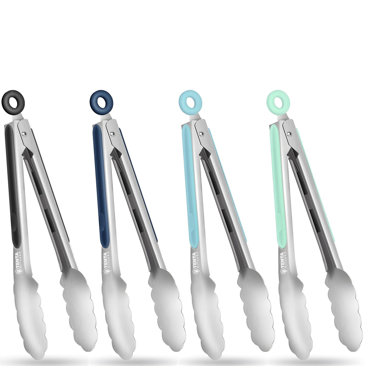 Tongs for Cooking, 9-Inch Stainless Steel Kitchen Tongs, Locking Metal Food Tongs with Silicone Non-Slip Grip, Kitchen Utensils Tongs for Food, Salad and Outdoor BBQ (Set of 4) TENTA KITCHEN
