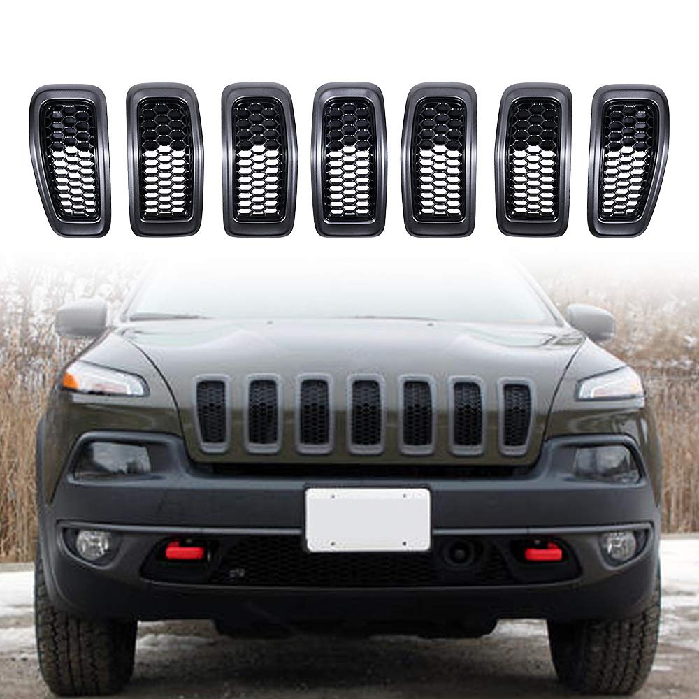 Astra Depot 7pcs Matte Black Mesh Honeycomb with Retro Gray Dark Ring Front Grille Grill Inserts Covers Compatible with 2014-2018 Jeep Cherokee Astra Depot