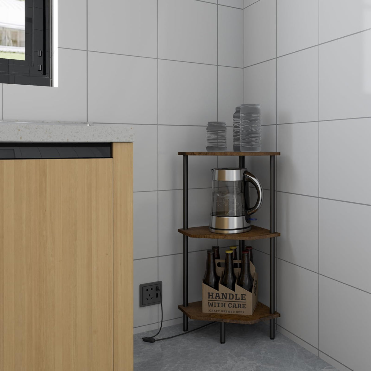 QLSPTFTS 3 Tier Corner Shelf with LED Light,Bookcase for Small Spaces,Display Shelf,Narrow Bookshelf,Plant Stand,Rustic Brown and Black,Suitable for Bedroom,Living Room,Kitchen QLSPTFTS