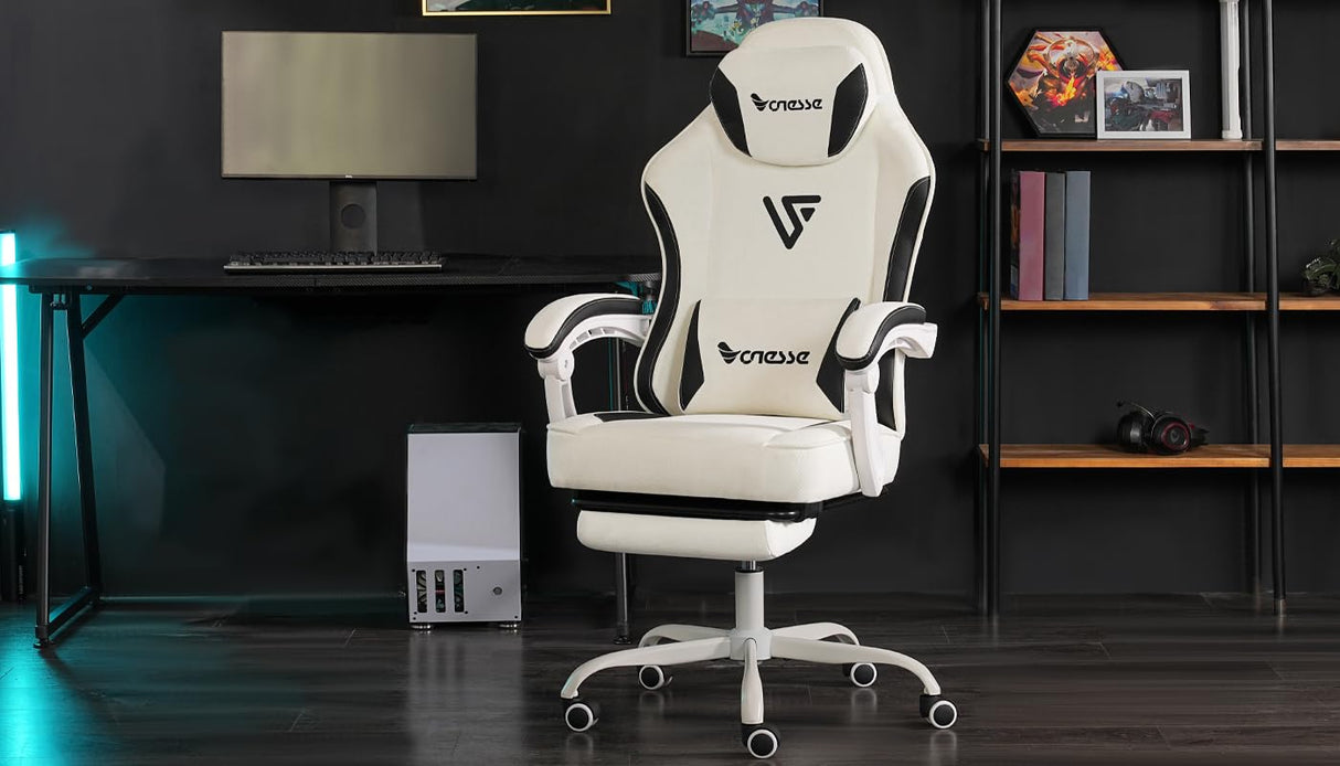 Vonesse Gaming Chair, Computer Chair Fabric with Pocket Spring Cushion, Office Chair with Footrest and Massage Lumbar Support, Reclining Gaming Chairs for Adults 250LBS (Beige White) Vonesse