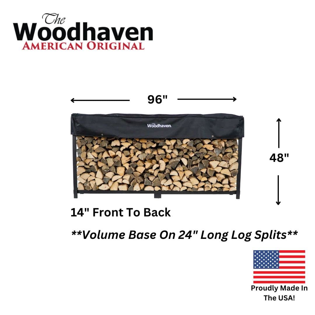Woodhaven 8 Foot 1/2 Cord Firewood Log Rack With Optional Cover - Made In USA - Outdoor Use Lifetime Structural Warranty - Black Texture Powder Coat Finish - Made With Heavy Duty Steel Woodhaven