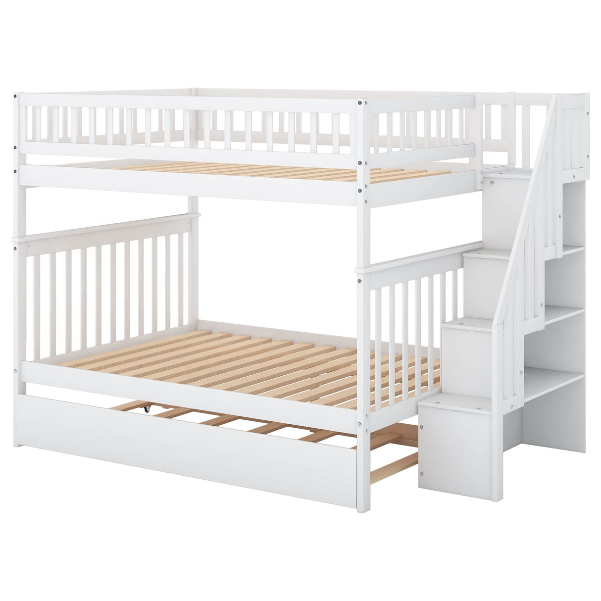 Full Over Full Bunk Beds with Trundle and Stairs Stairway Bunk Bed Frame with Storage Shelves for Kids Teens Adult, Detachable Wood Full Bunk Bed for Boys Girls Adults, White Bellemave