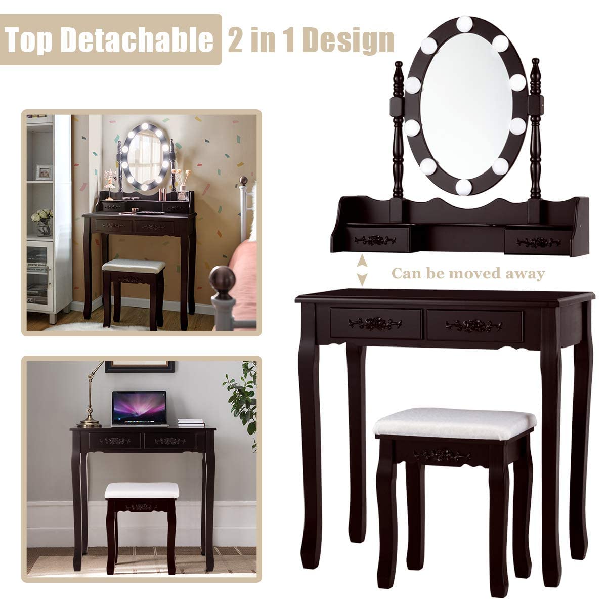 MAT EXPERT Vanity Desk Set with Lighted Mirror, Versatile Dresser w/Padded Stool & 4 Drawers, Makeup Organizer Table w/360° Rotatable Mirror & 10 Adjustable Light, Modern Bedroom Vanities (Brown) MAT EXPERT