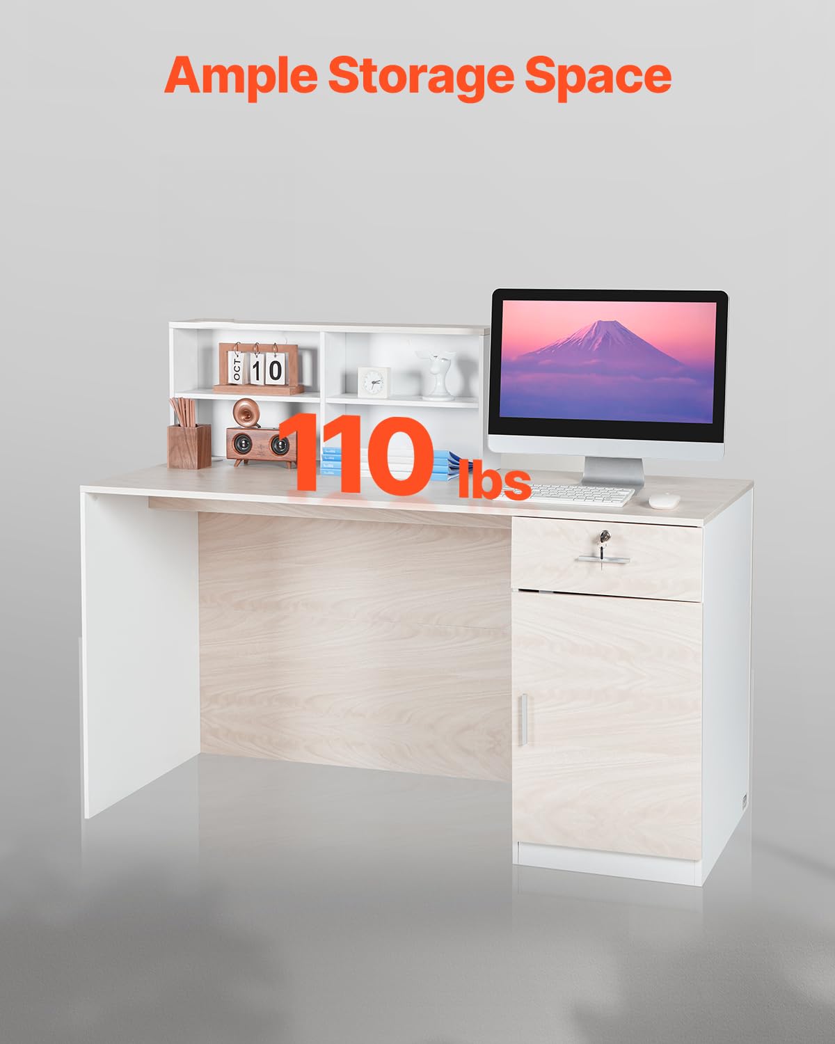 VEVOR Reception Desk, 55 Inch Rectangular Front Counter Table, Office Reception Counter with Lockable Drawer and Storage Cabinet, for Checkout, Lobby, Beauty Salon and Office, Natural VEVOR
