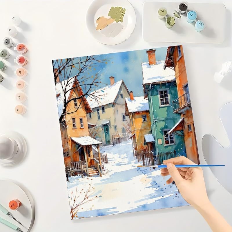 Winter Village Paint by Numbers Kit for Adults - DIY Snowy Houses and Street Scene Painting on Canvas 16x20 Inch, Acrylic Paint Set, Suitable for Beginners, Art for Home Decoration or Gifts DecorFriday