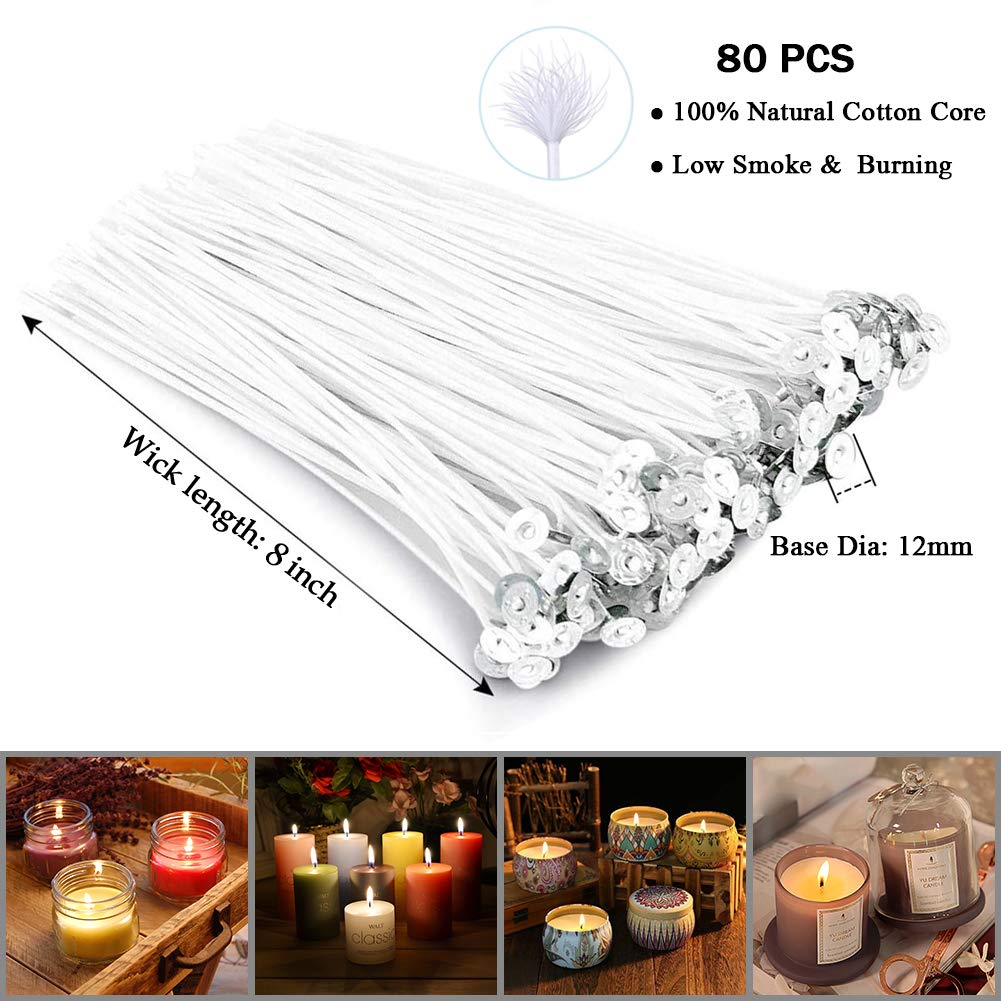 Bulk Cotton Candle Wick 8" Pre-Waxed 80 Pcs with 60Pcs Candle Wick Stickers, 5Pcs Candle Wick Centering Device and 20PCS Metal Tabs for Candle Making (80pcs 20cm Wick kit) ANTUNIHOD
