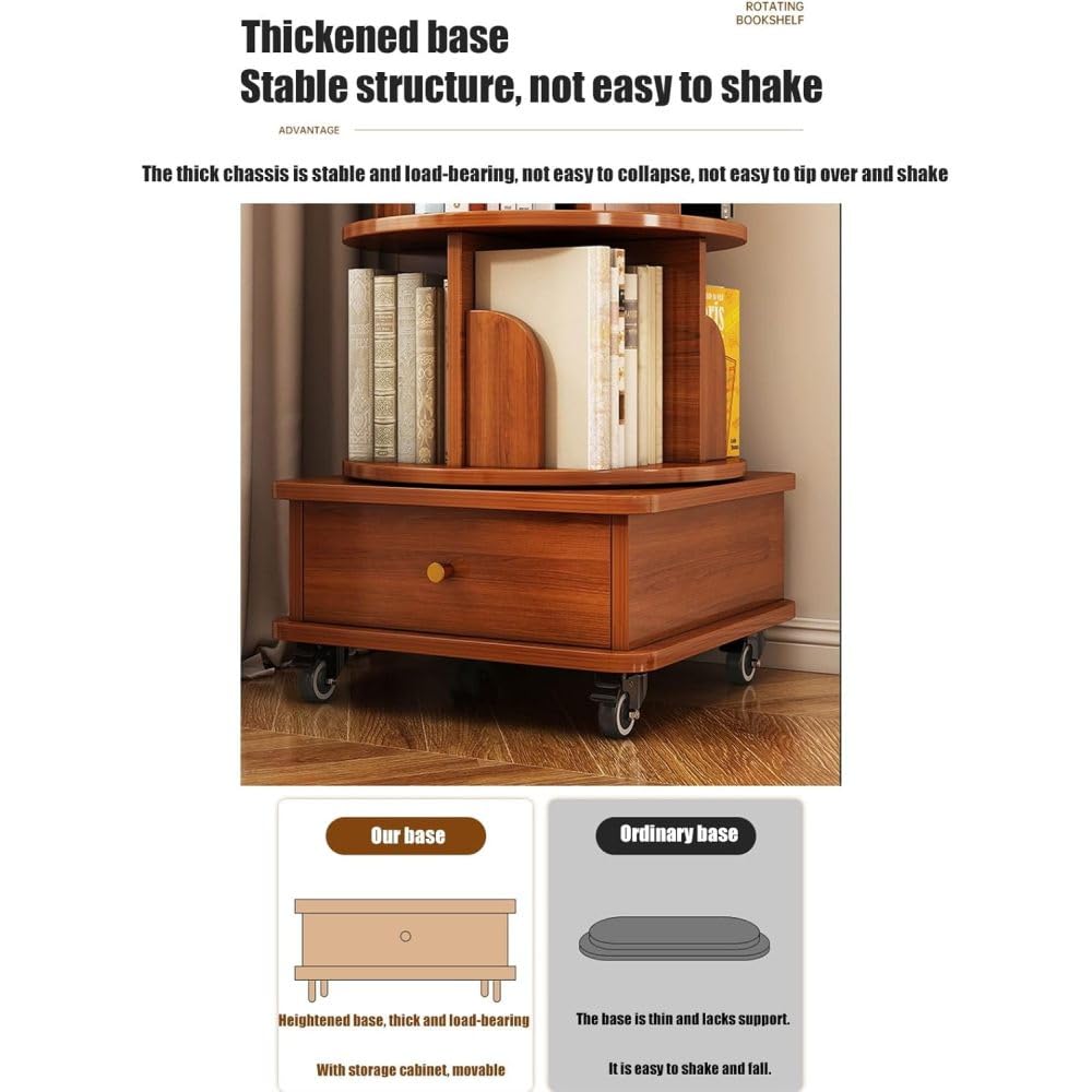 Angel Sar Modern 6 Tier Rotating Bookshelf with Drawer & Wheels, 360° Spinning Corner Bookcase for Small Spaces, Tall Storage Shelf for Bedroom, Living Room, or Office, Walnut Angel Sar