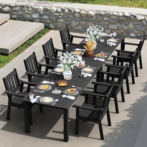 YEFU HIPS Patio Table Set: 10 Piece Outdoor Table and Chairs Dining Furniture Set with Umbrella Hole - Black Modern Plastic Dining Sets 8 Person for Outside Deck with Metal Aluminum Frame YEFU