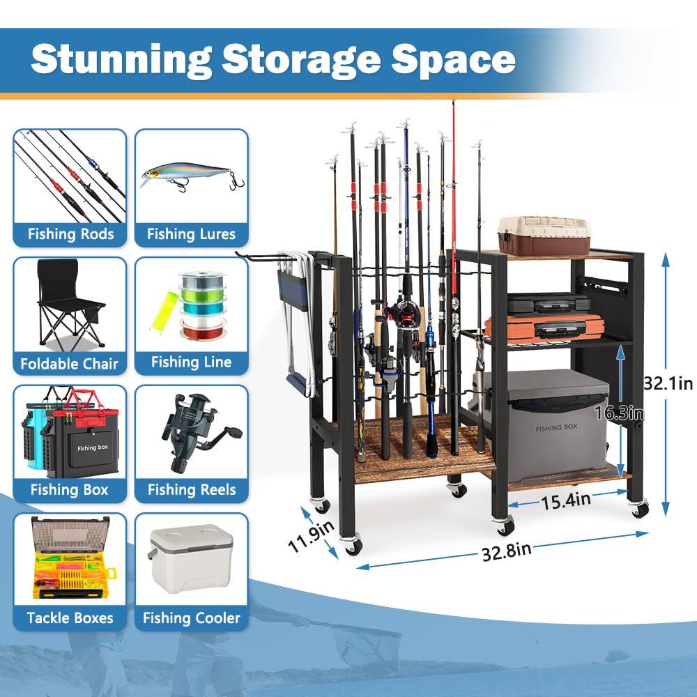 3-Tier Fishing Rod Holder, Garage Fishing Rod Rack, Fishing Rod Organizer for 12 Rods, Space Saving Fishing Pole Storage System for Garage Boat RV Basement, with Wheels Hooks and Storage Bag COLCUT